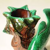 Vintage Shell Vase in Ceramic Barbotine - Green & Brown - 1970s