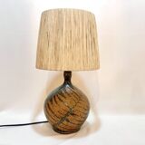 Lampe en grés vintage artiste Alain Blanchard 1970 fougère abat-jour corde raphia campagne