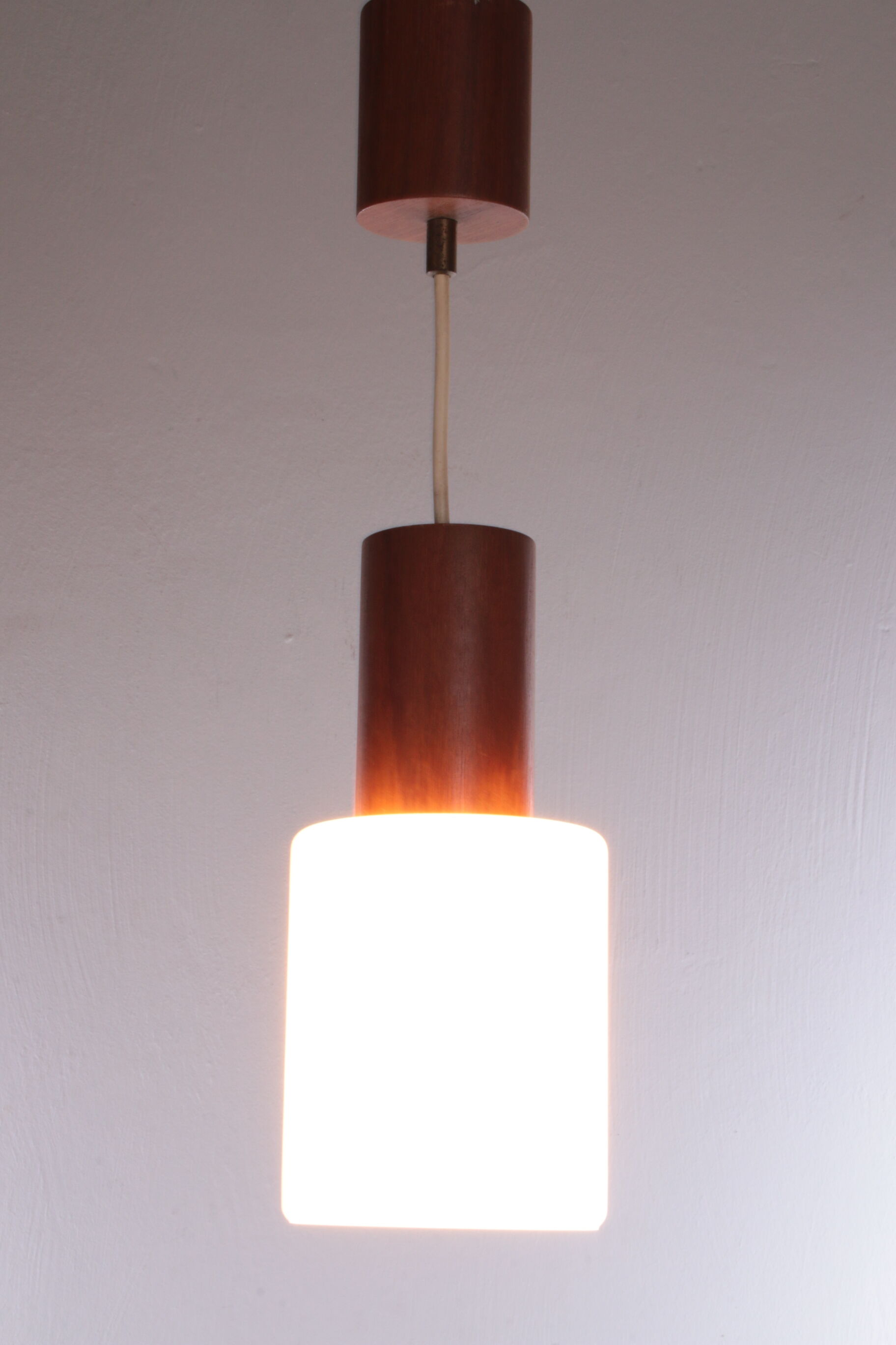 Vintage Louis Kalff hanging lamp teak / opal glass, 1950s