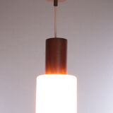 Vintage Louis Kalff hanging lamp teak / opal glass, 1950s