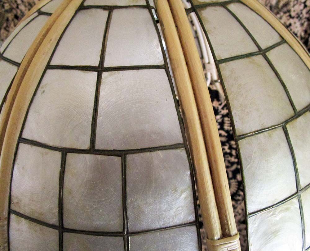 Hanging lamp mother-of-pearl, rattan and brass