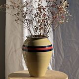 Large beige vase with blue and pink trim H27 D21