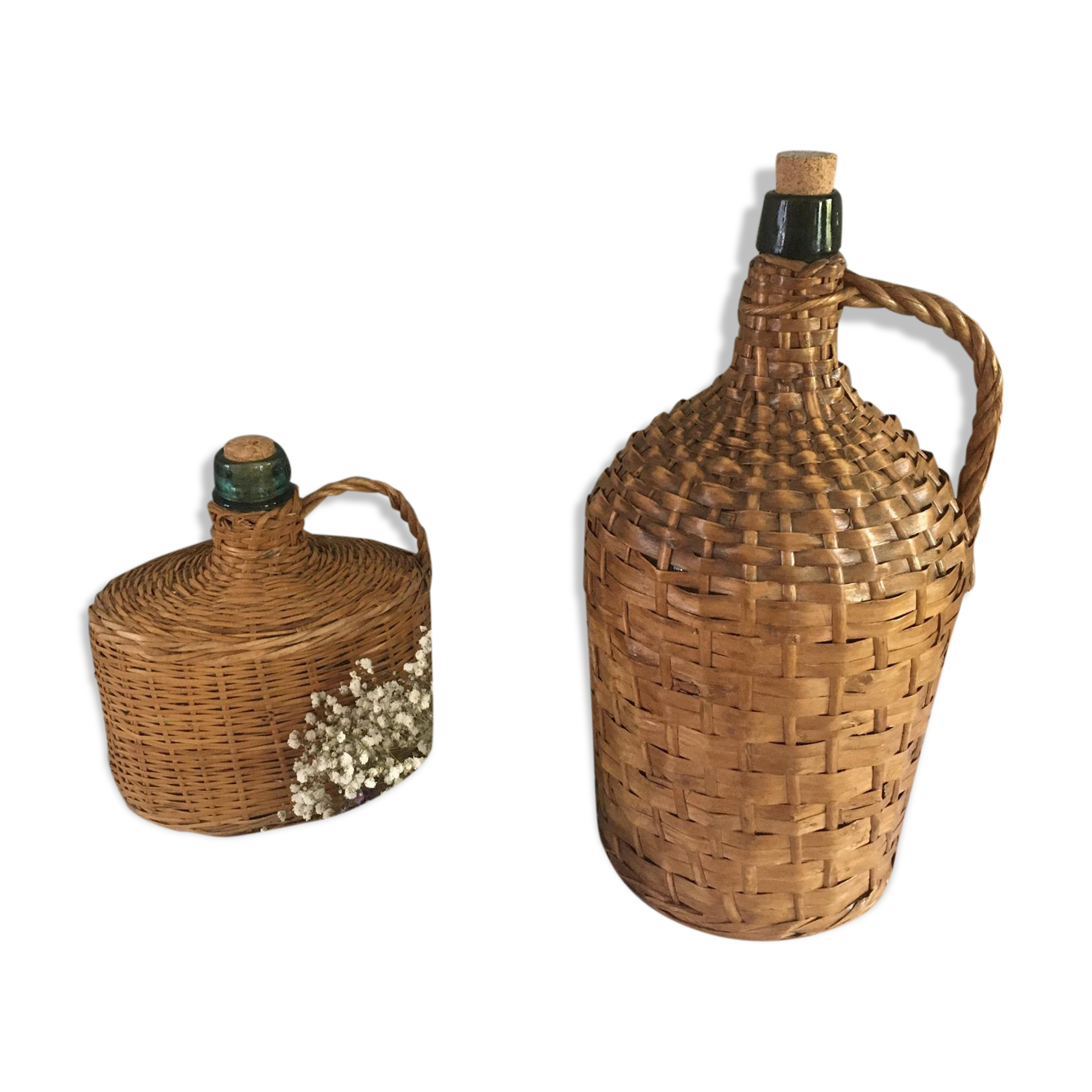 Vintage Dame-Jeanne duo and their rattan/wicker dresses
