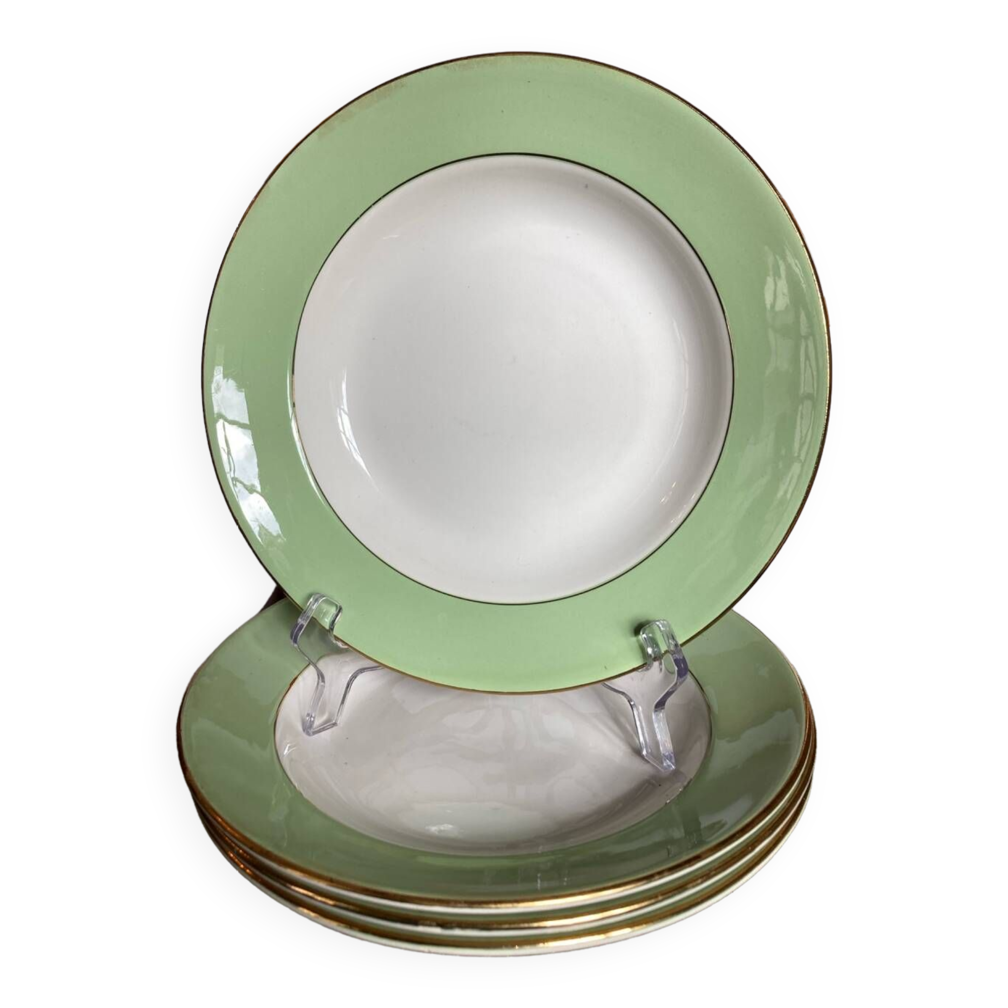 L'Amandinoise (St Amand) green soup plates with gold edging