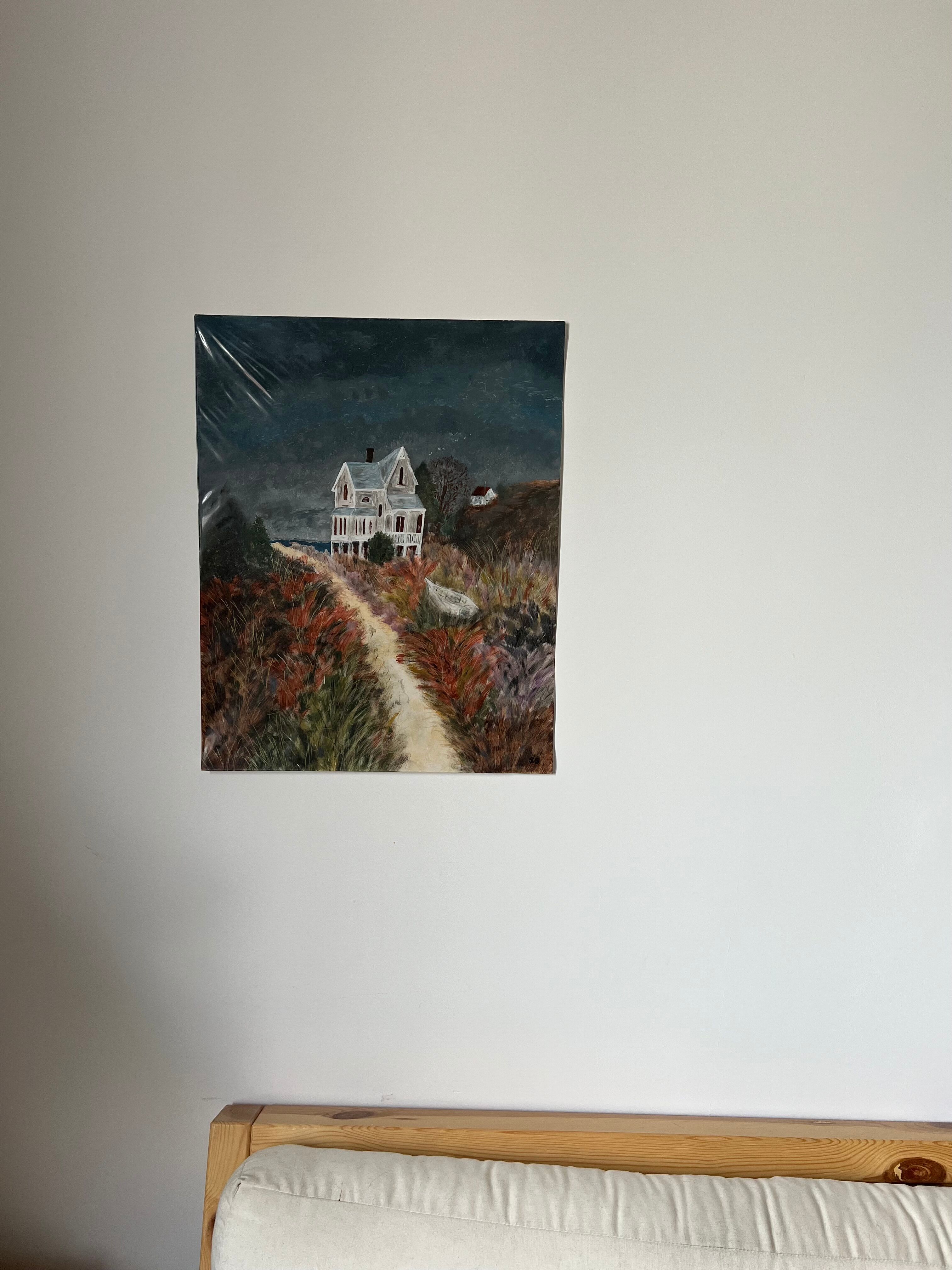 Painting of house by the sea, handmade, on thick paper