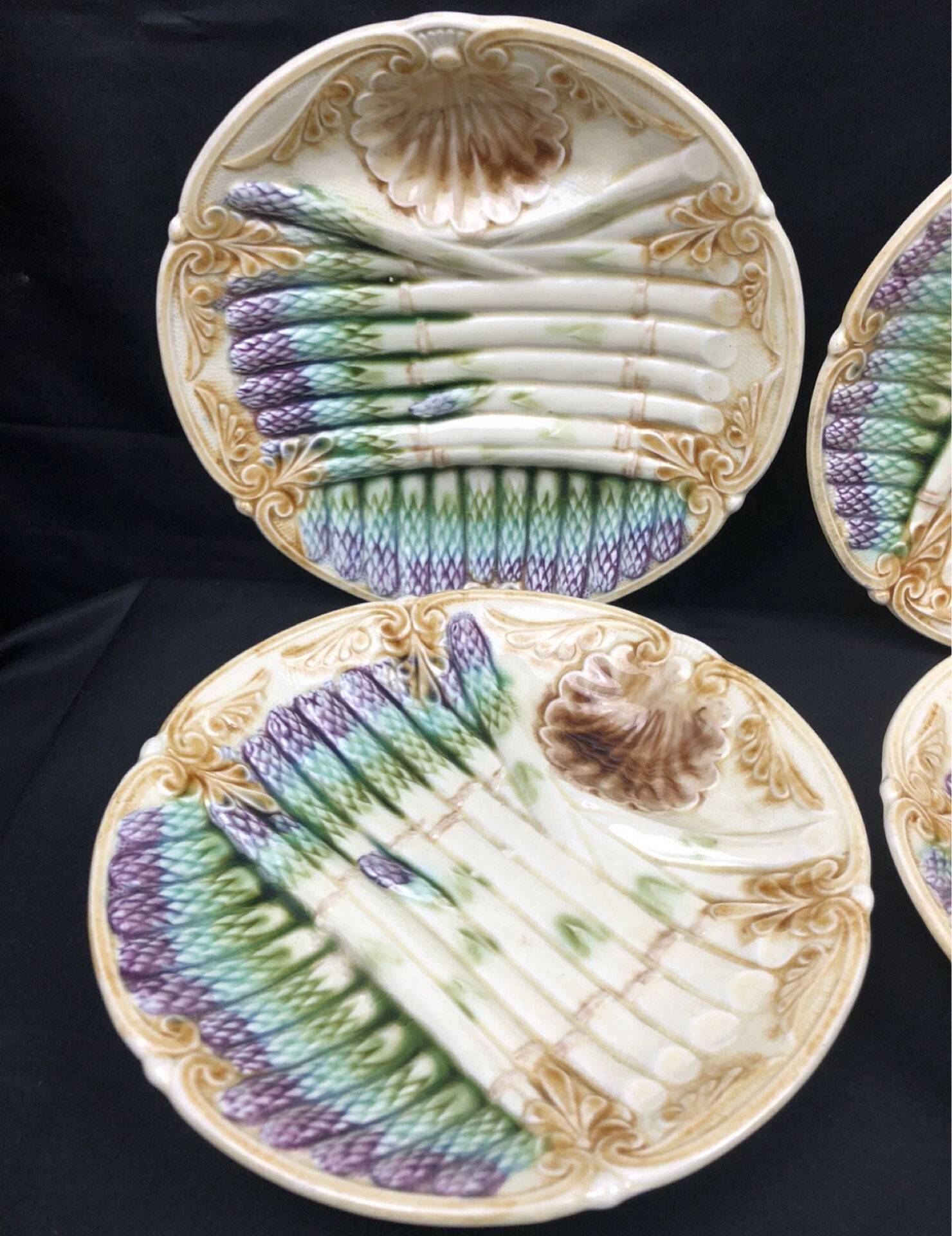 Set of 6 vintage Barbotine asparagus plates