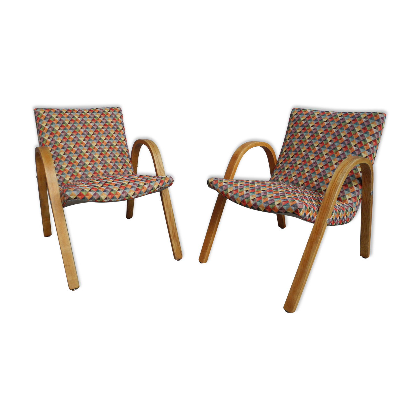 Pair of vintage wooden armchairs and harlequin fabric year 70