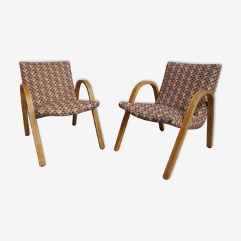 Pair of vintage wooden armchairs and harlequin fabric year 70