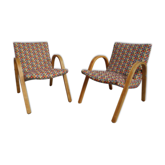 Pair of vintage wooden armchairs and harlequin fabric year 70