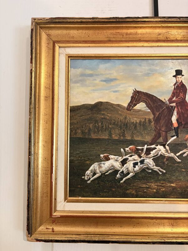 Tableau Peinture Huile Panneau Bois Cadre Doré Chasse Courre Chien Anglais
