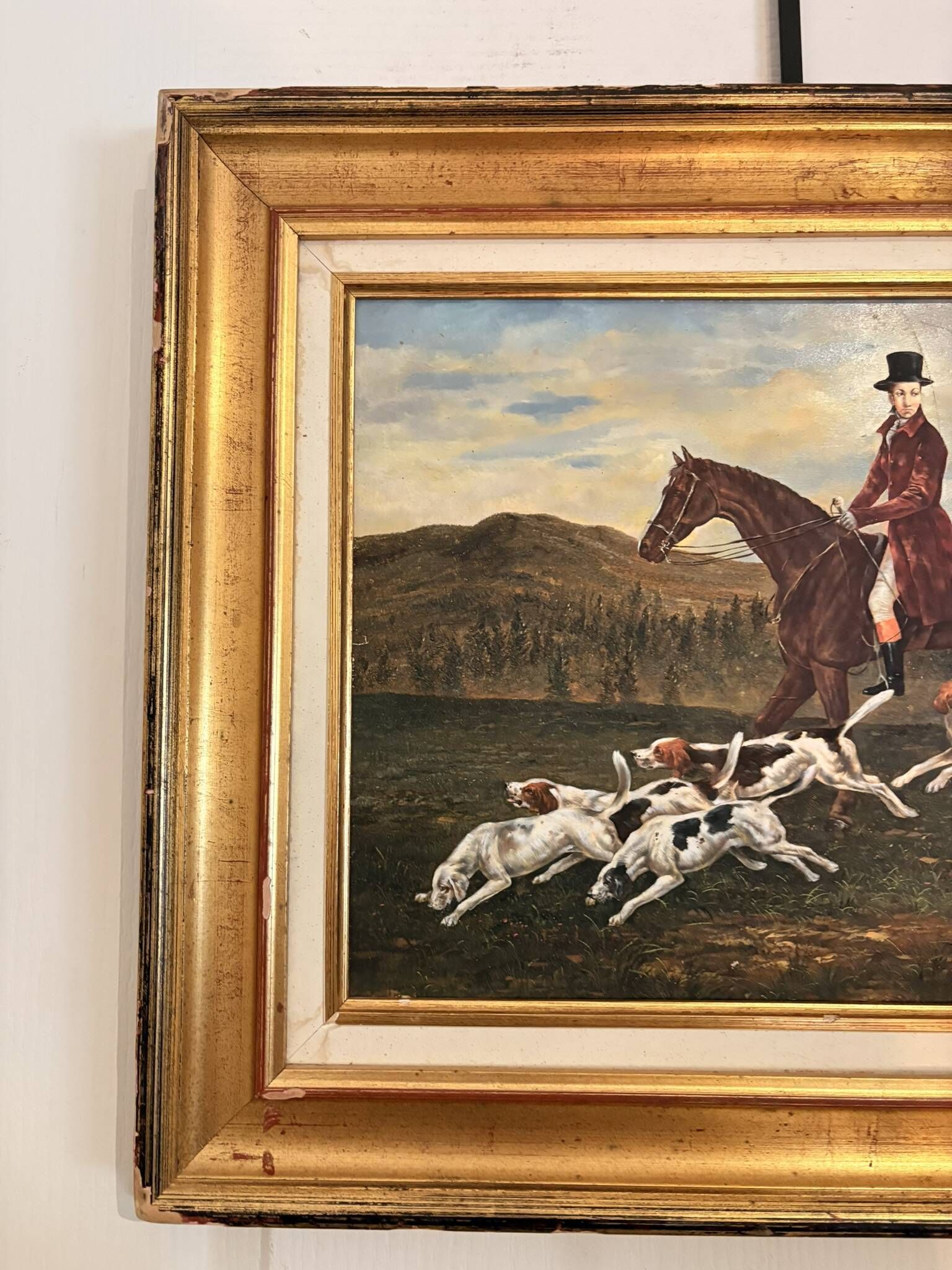 Oil Painting on Wood Panel with Golden Frame, English Hunting Dog