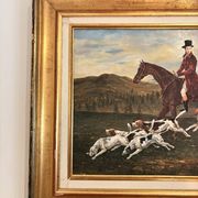 Oil Painting on Wood Panel with Golden Frame, English Hunting Dog