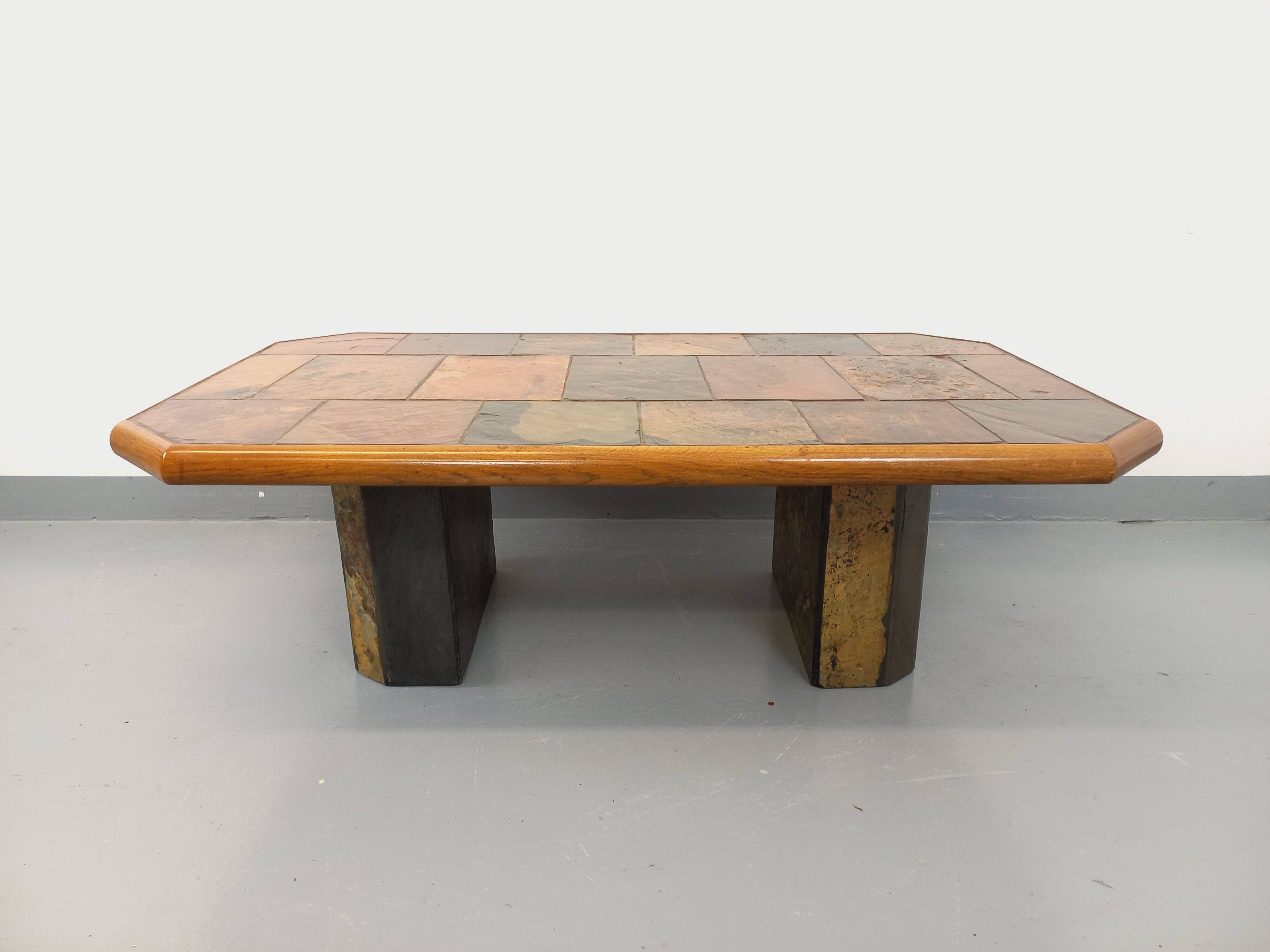 Vintage Brutalist Stone and Oak Coffee Table from the 70s 80s