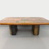 Vintage Brutalist Stone and Oak Coffee Table from the 70s 80s