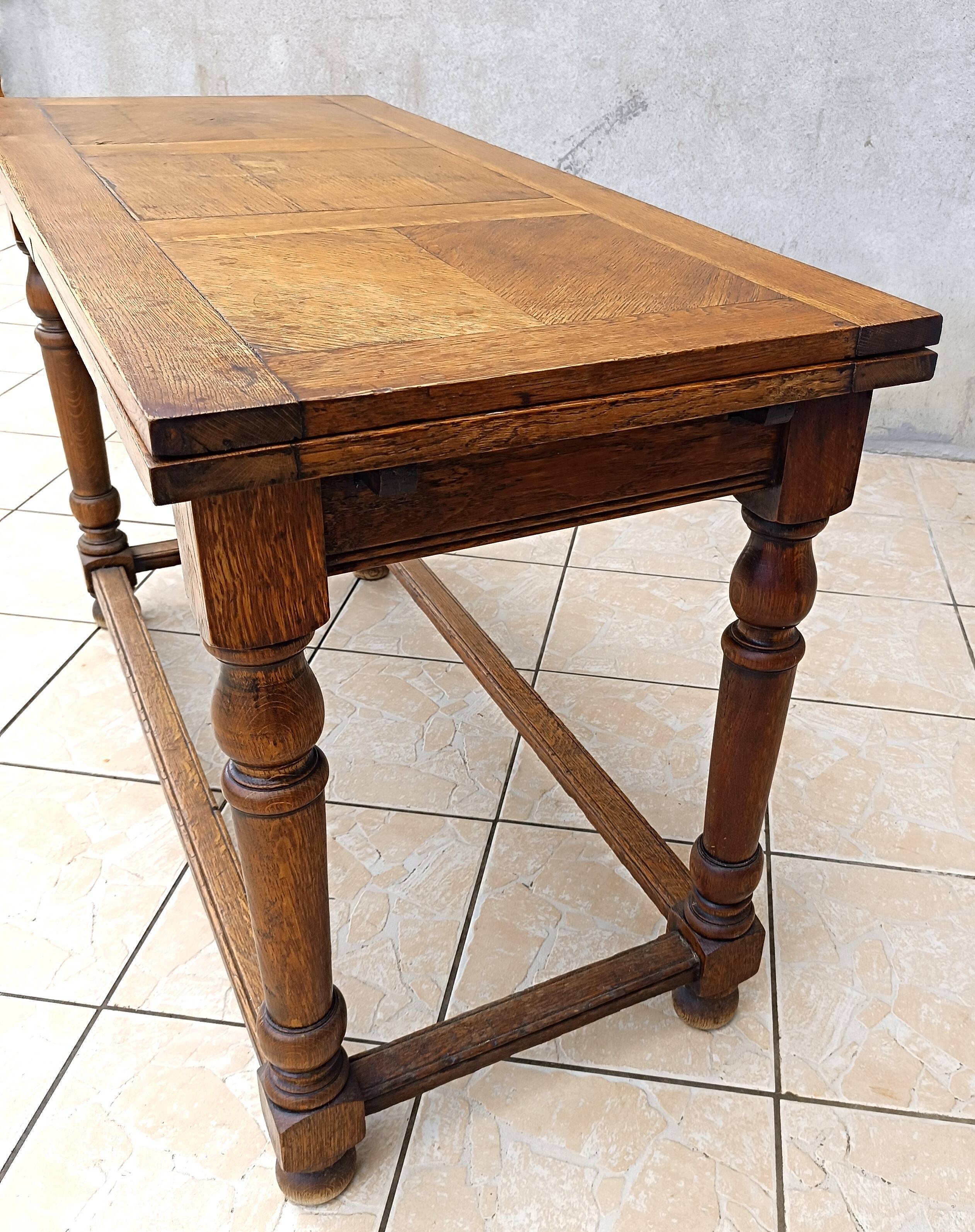 Table console rustique à rallonges en chêne début 20ème