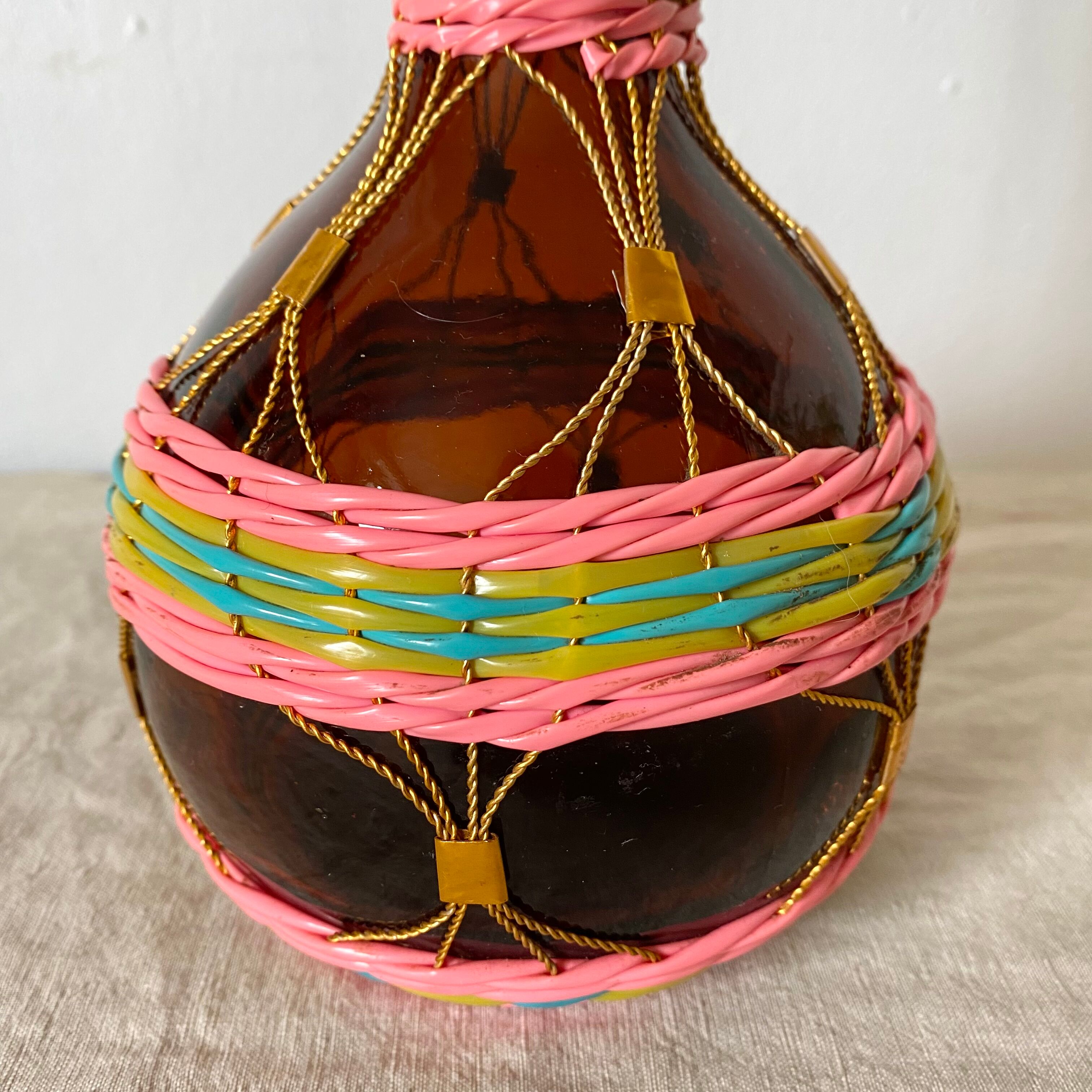 Vintage amber glass bottle scoubidou