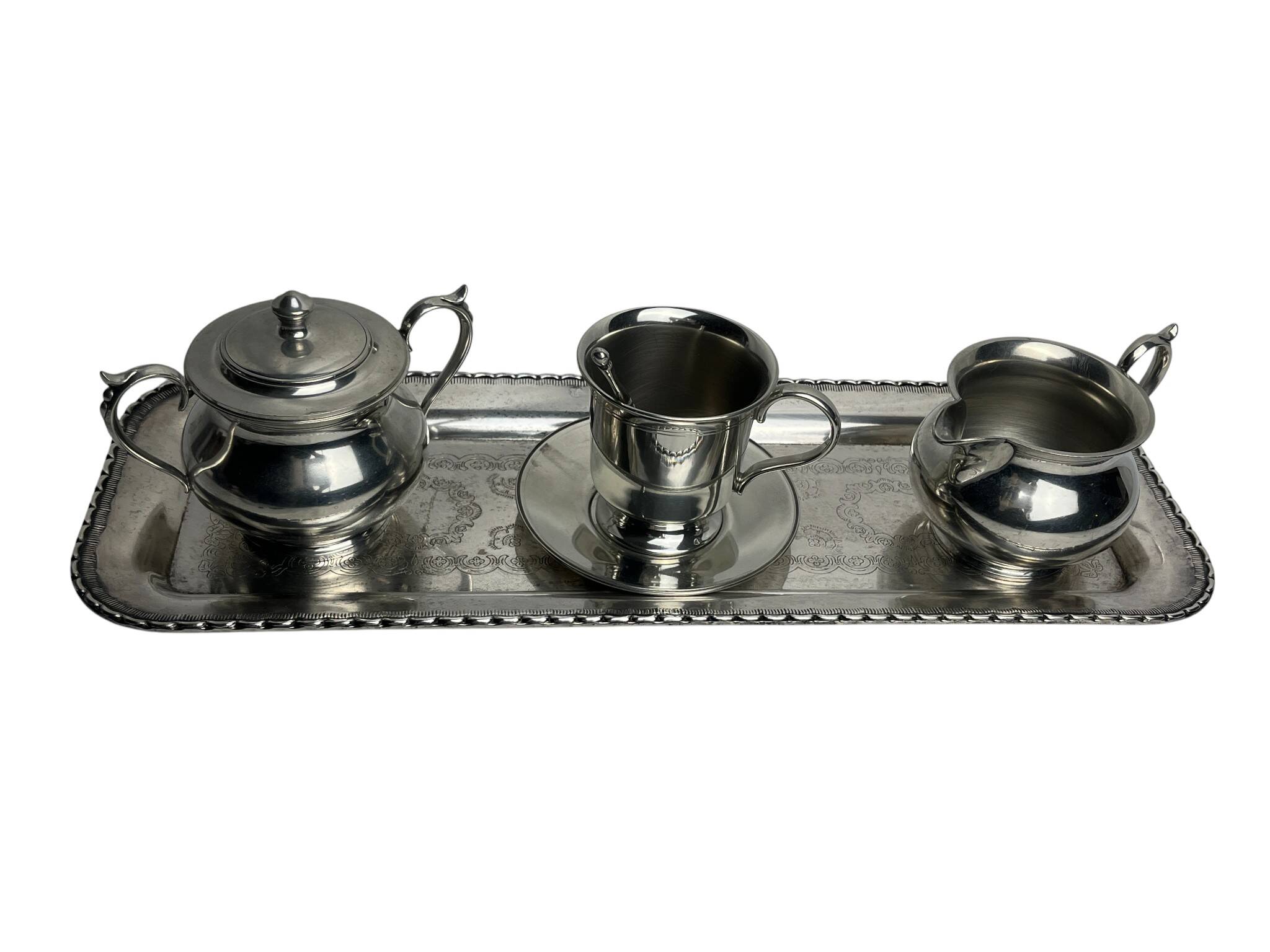 Service à café égoïste sur plateau métal argenté vers 1960