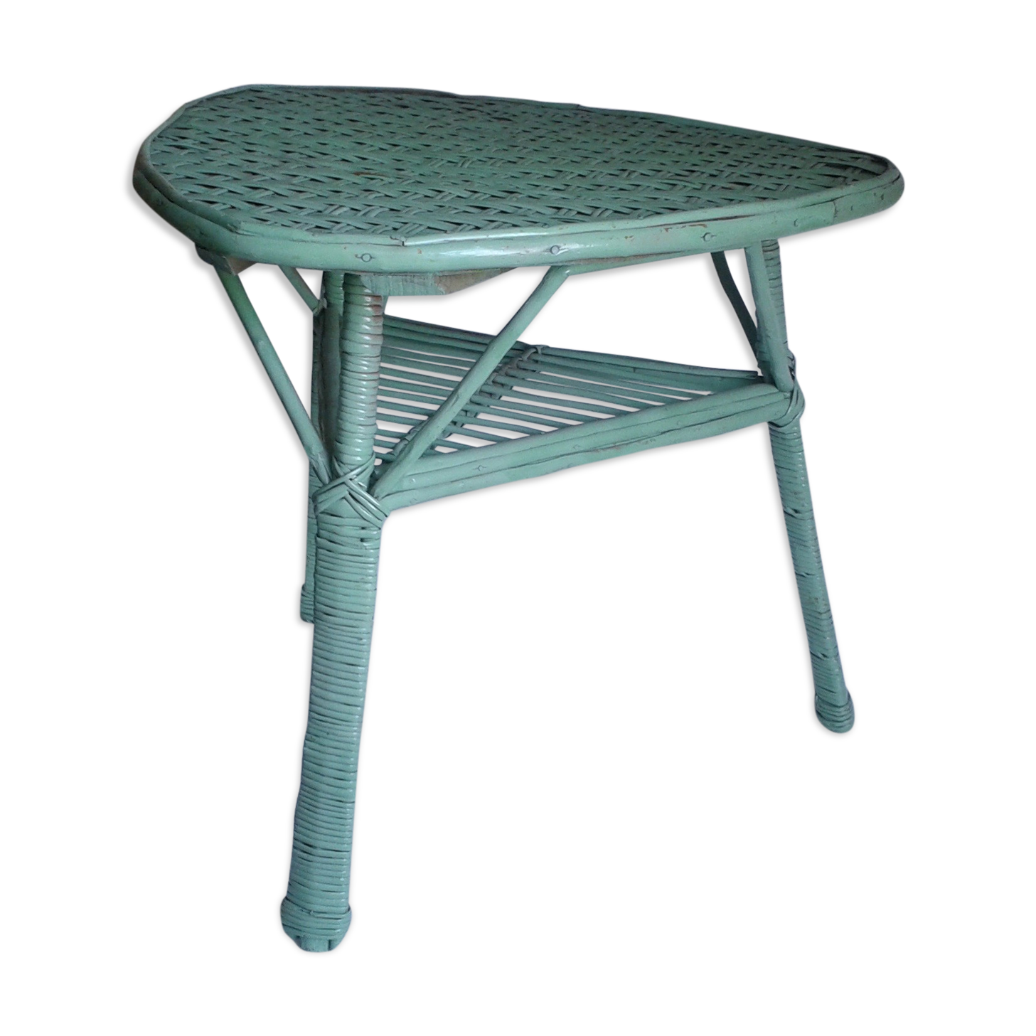 Triangular wooden and braided wicker coffee table