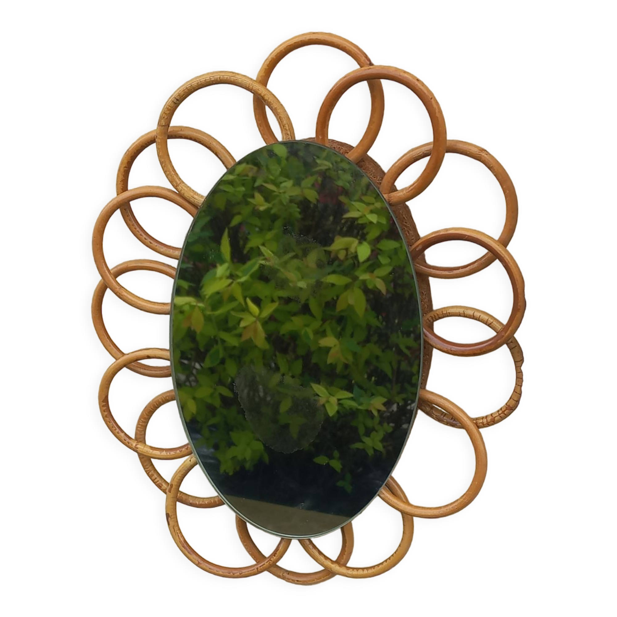 Miroir soleil ovale en rotin des années 70 25x31cm