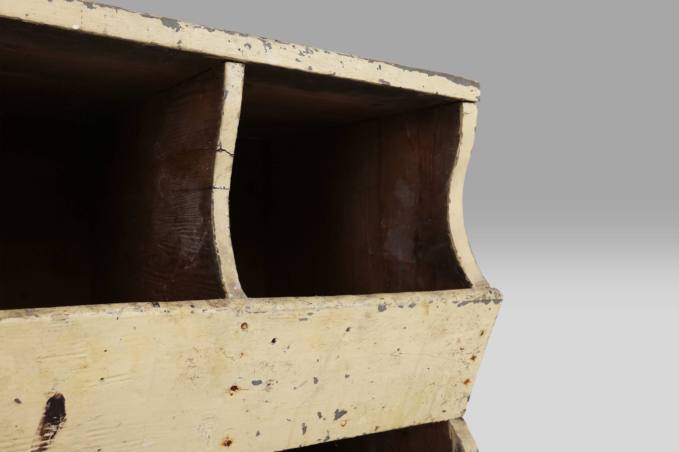 Unique industrial lacquered compartment cabinet with rich patina, France, 1890