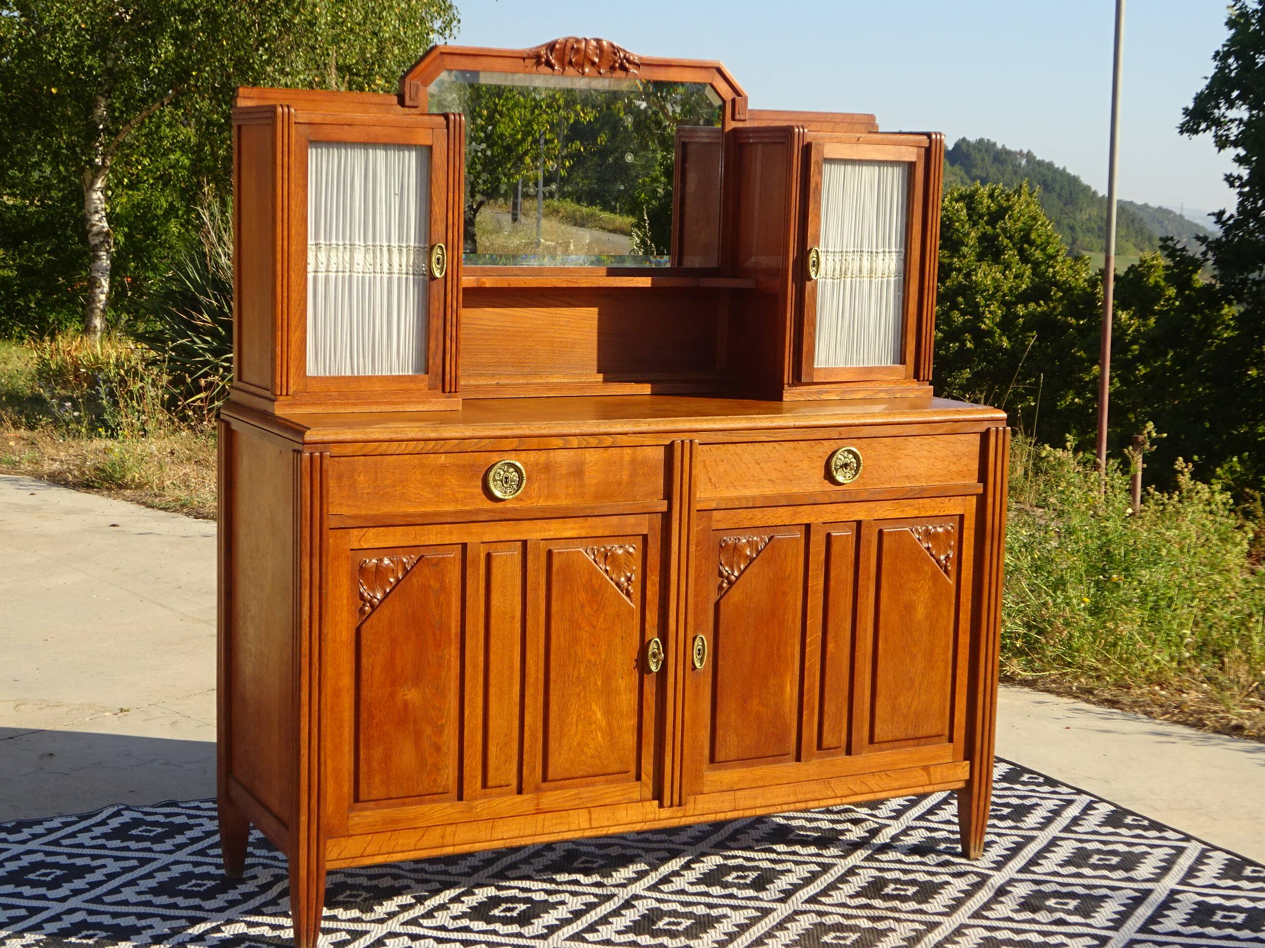 Vintage oak sideboard with sentry boxes and mirror