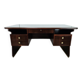 Bureau exécutif Art Déco en bois exotique, verre et laiton