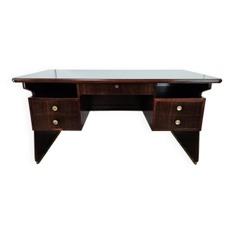 Executive Art Decò desk in exotic wood, glass, and brass
