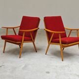 Pair of red Boomerang armchairs by Antonin Suman for Ton Bystrice Thonet