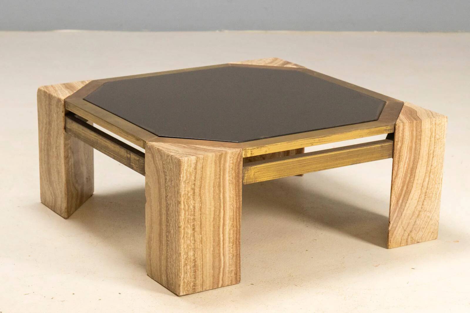Stone and brass coffee table, 1970s, Italy.