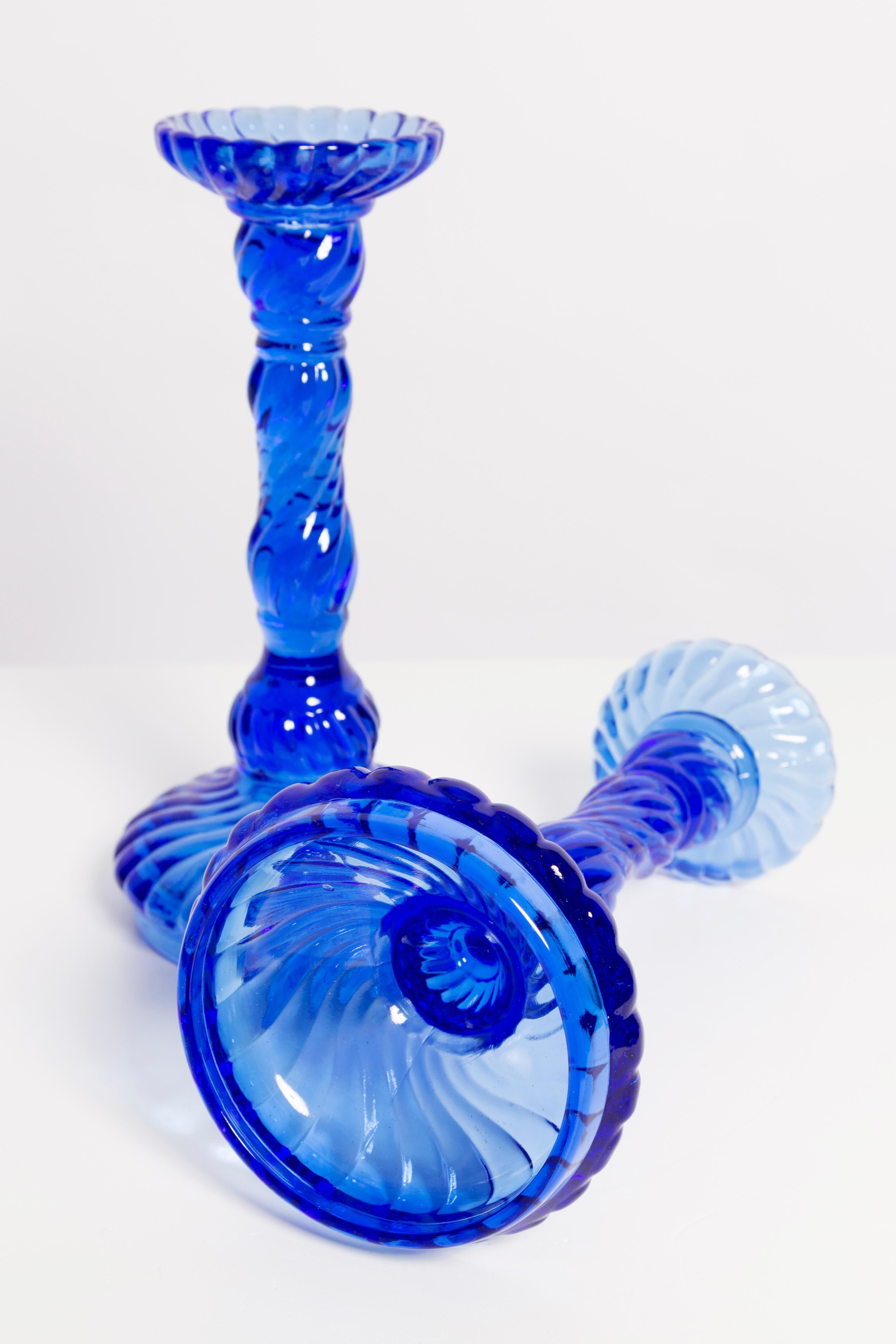 Set of two deep blue glass candlesticks from the mid-century, Poland, 1960s.
