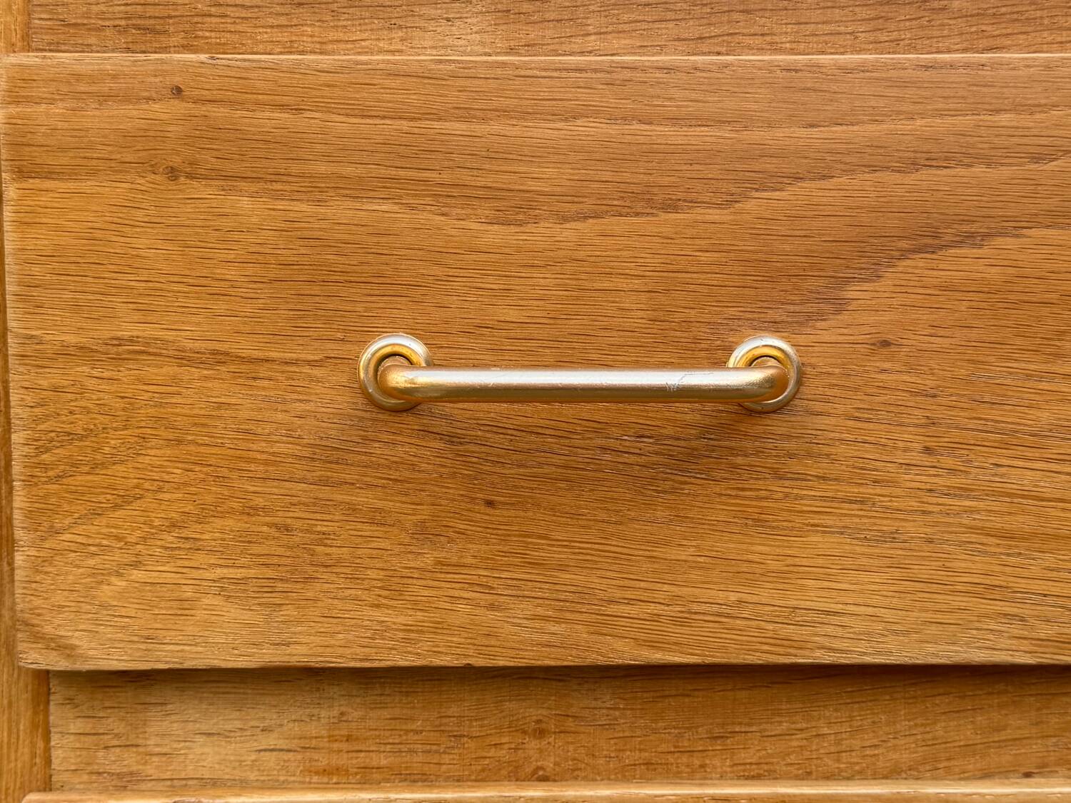 Vintage chest of drawers with tapered legs, solid raw oak, 1960.