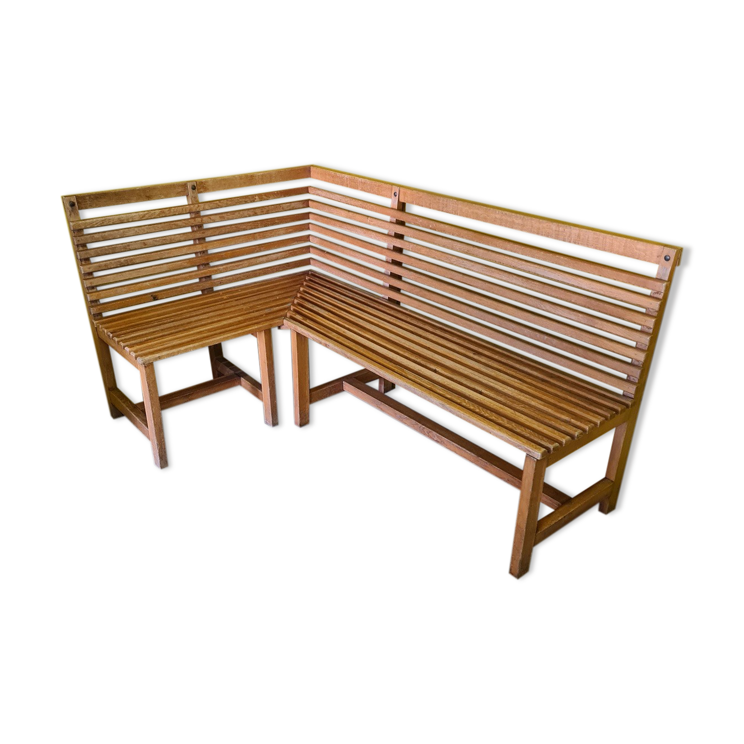 Vintage french beech wooden sauna or salon corner bench, second half 20th century