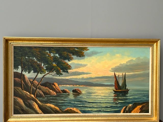 Old painting HST Signed Morel Boat by the Sea