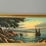 Tableau ancien HST Signé Morel, bateau en bord de mer