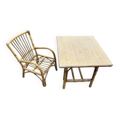Bureau et chaise enfant en rotin
