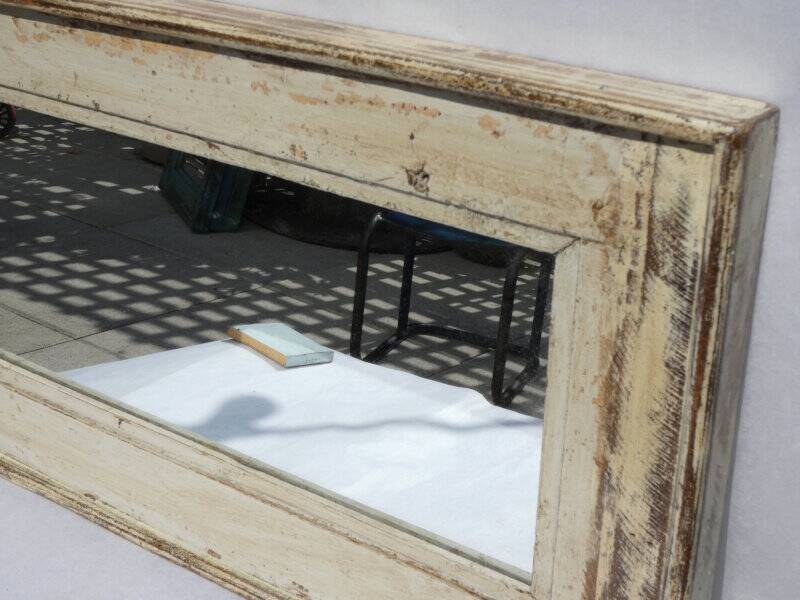 Old Teak Wood Mirror Off-White Patina