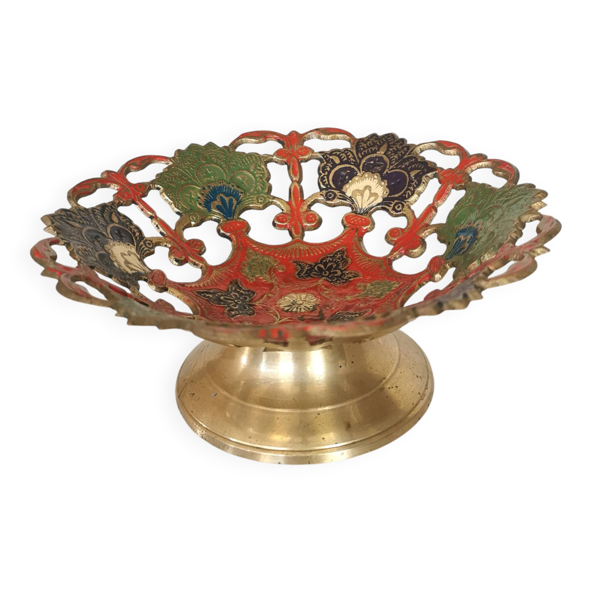 Vintage Brass Pedestal Bowl: Floral Motif, Red Blue Green Painted