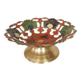 Bol sur pied en laiton vintage : motif floral, peint en rouge, bleu et vert.