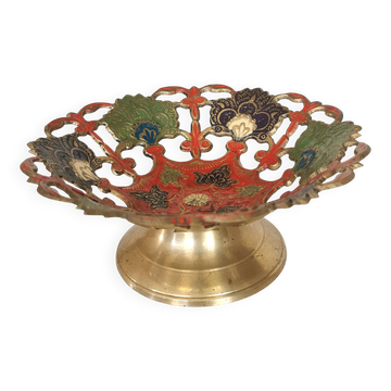 Bol sur pied en laiton vintage : motif floral, peint en rouge, bleu et vert.