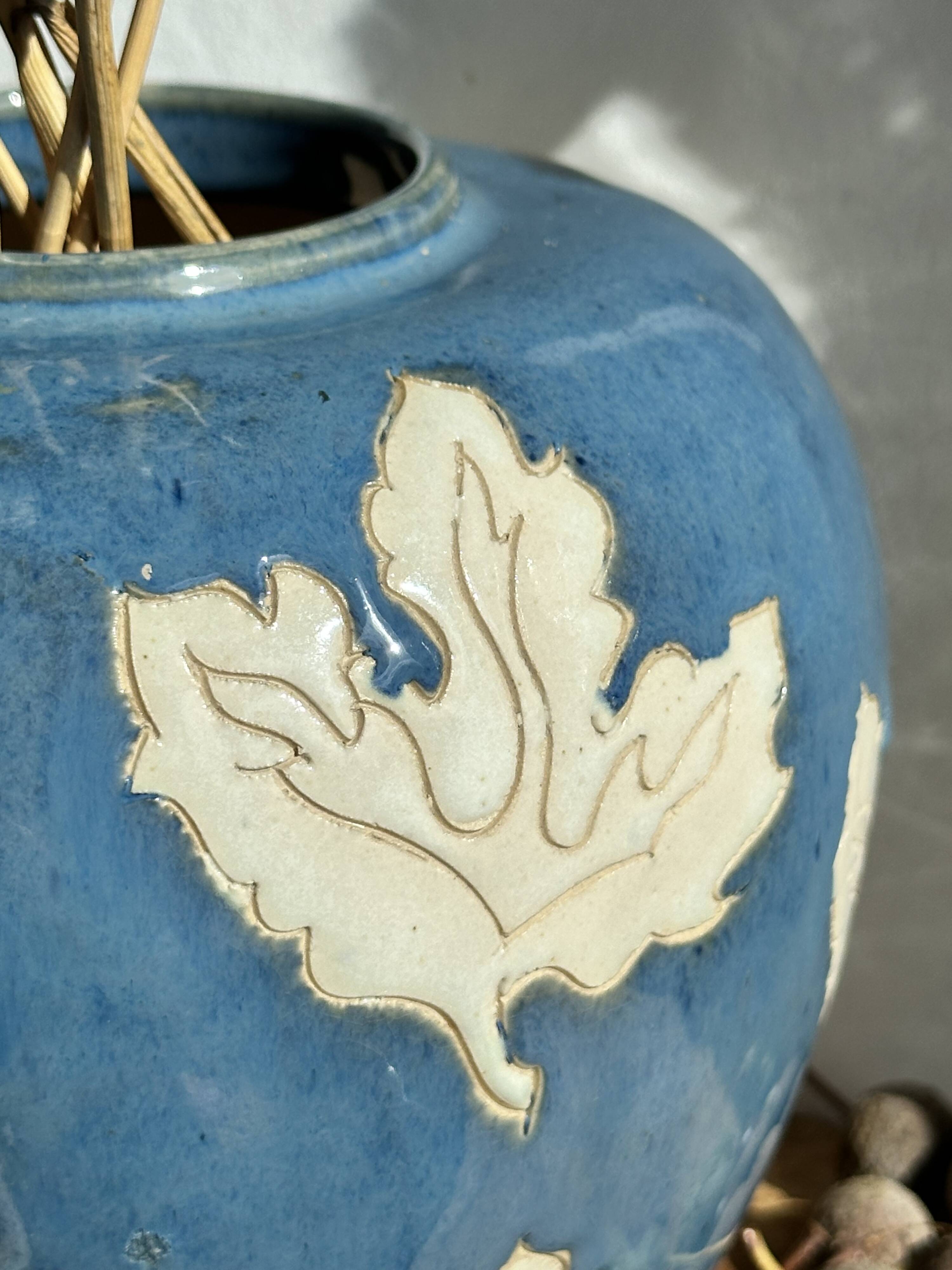 Magnificent Blue Glazed Ceramic Vase with White Plane Tree Leaves Decor