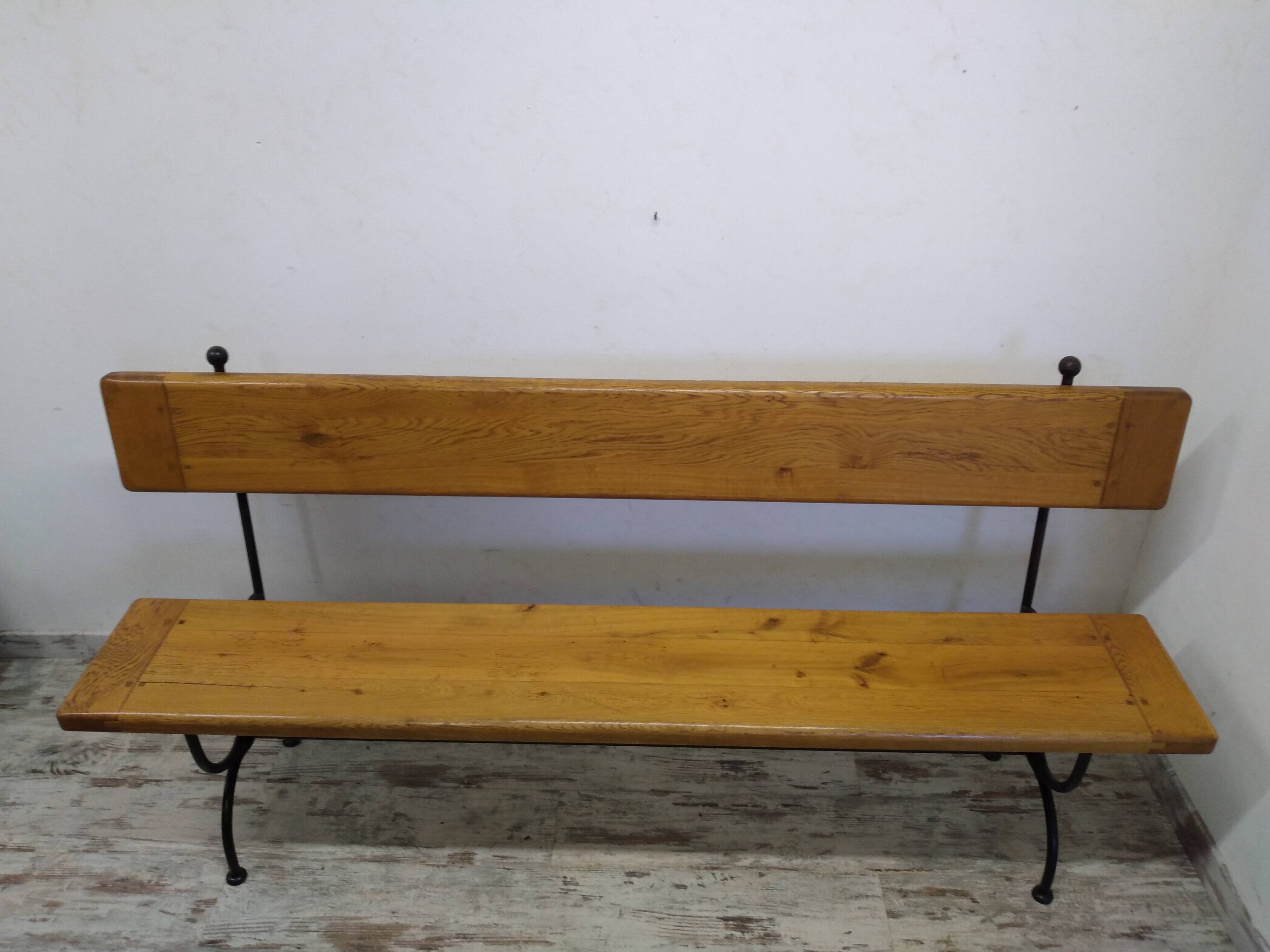 Oak and wrought iron bench