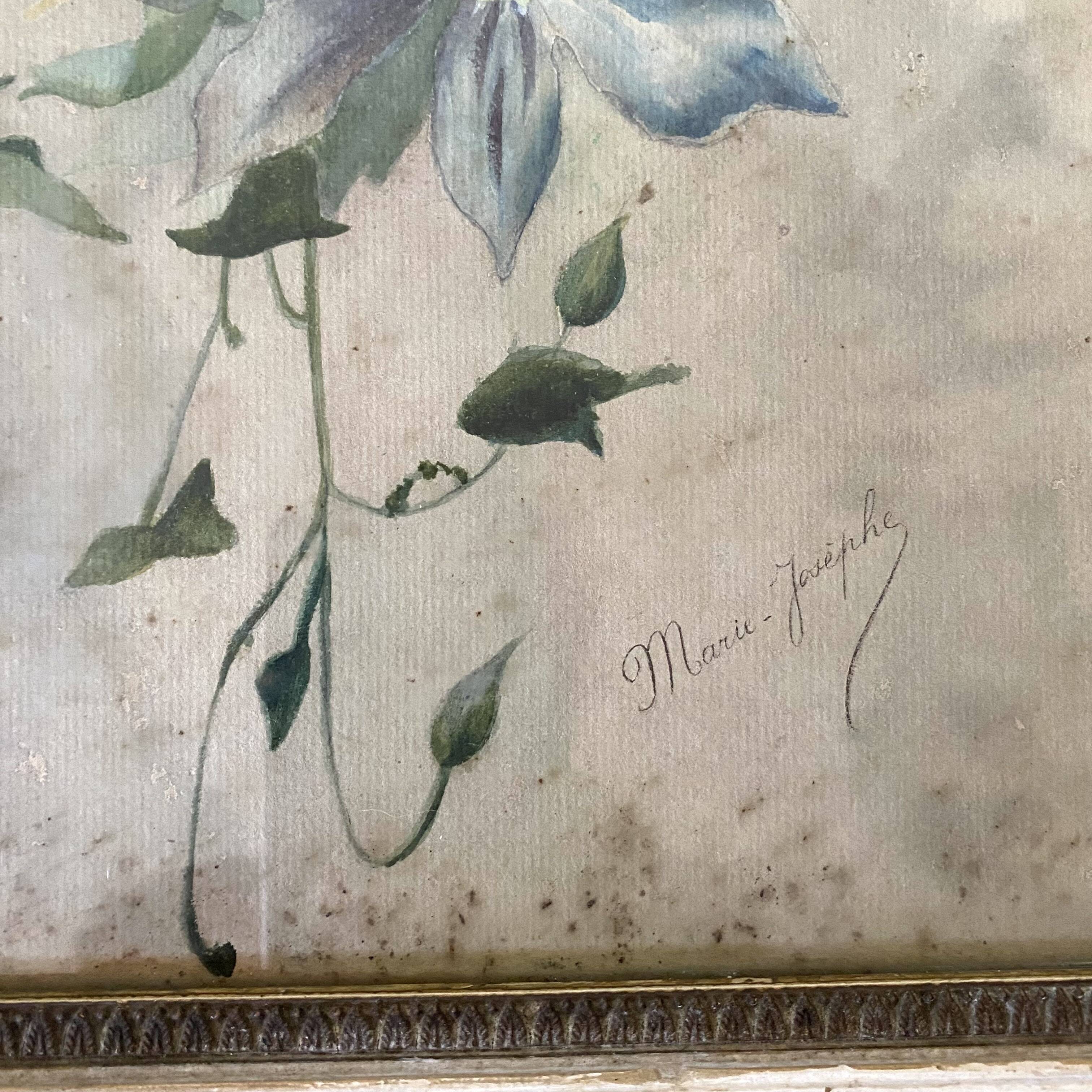 Triptych of old watercolors, flowers, 19th century