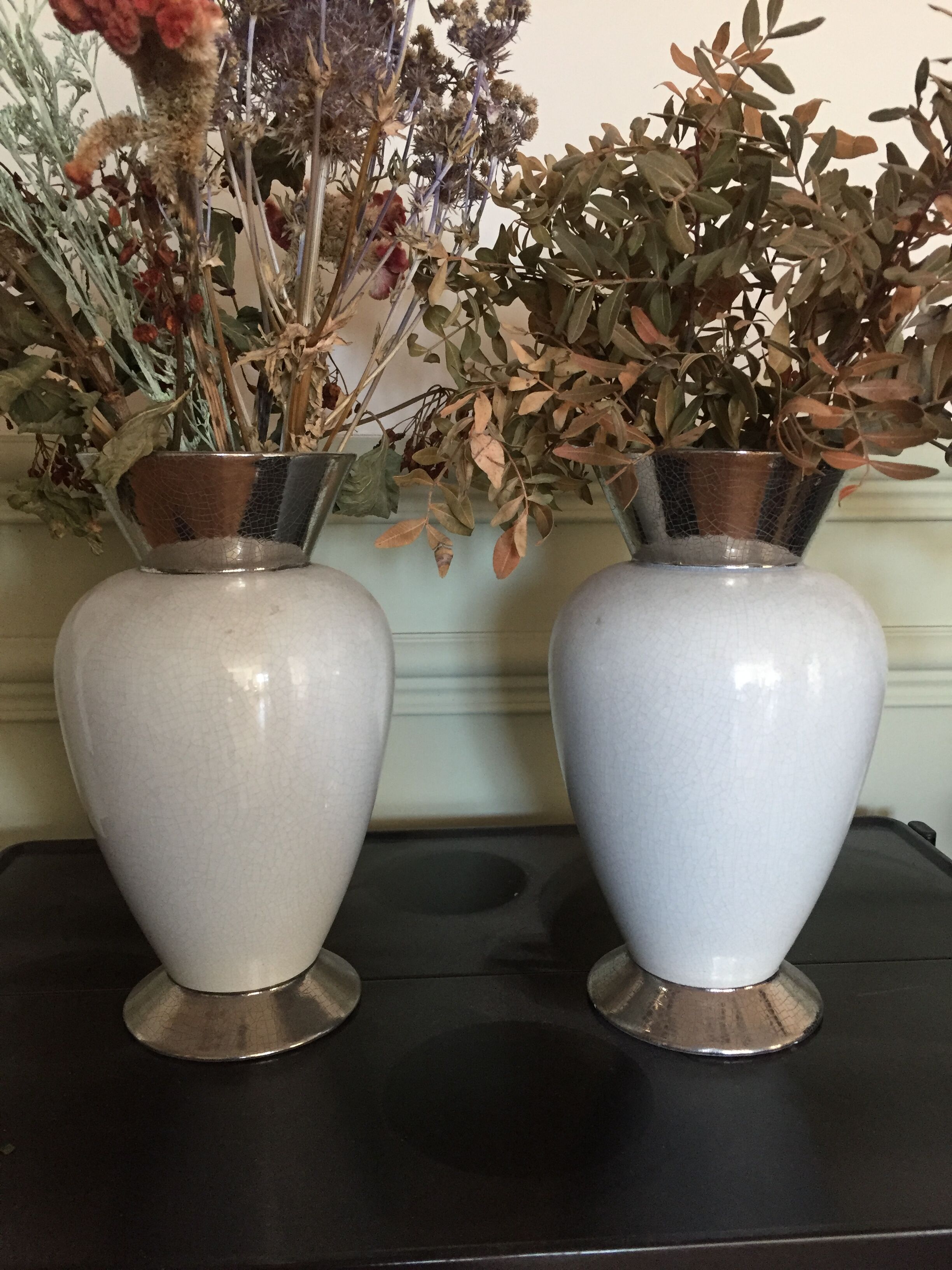 Pair of white and silver vases style cracked enamel