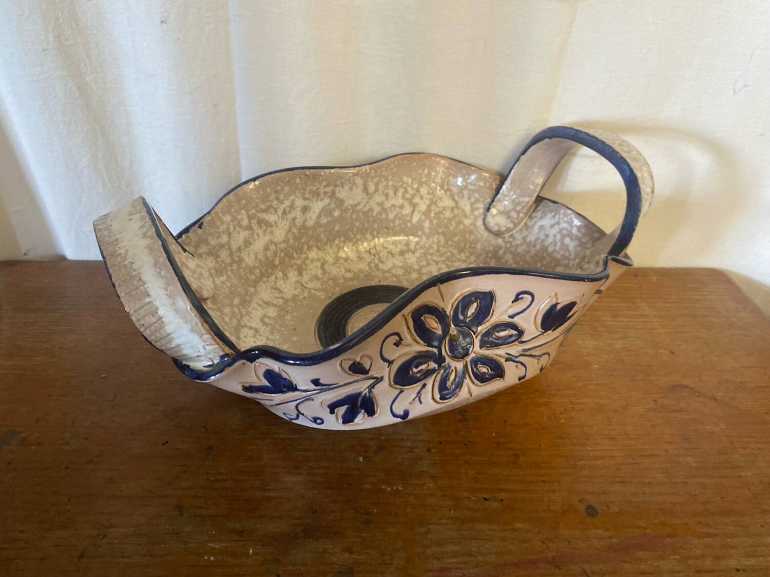 Vintage Ceramic Salad Bowl with Blue Floral Decor, Made in Italy