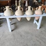 Antique painted wooden jar holder with 4 earthenware jars