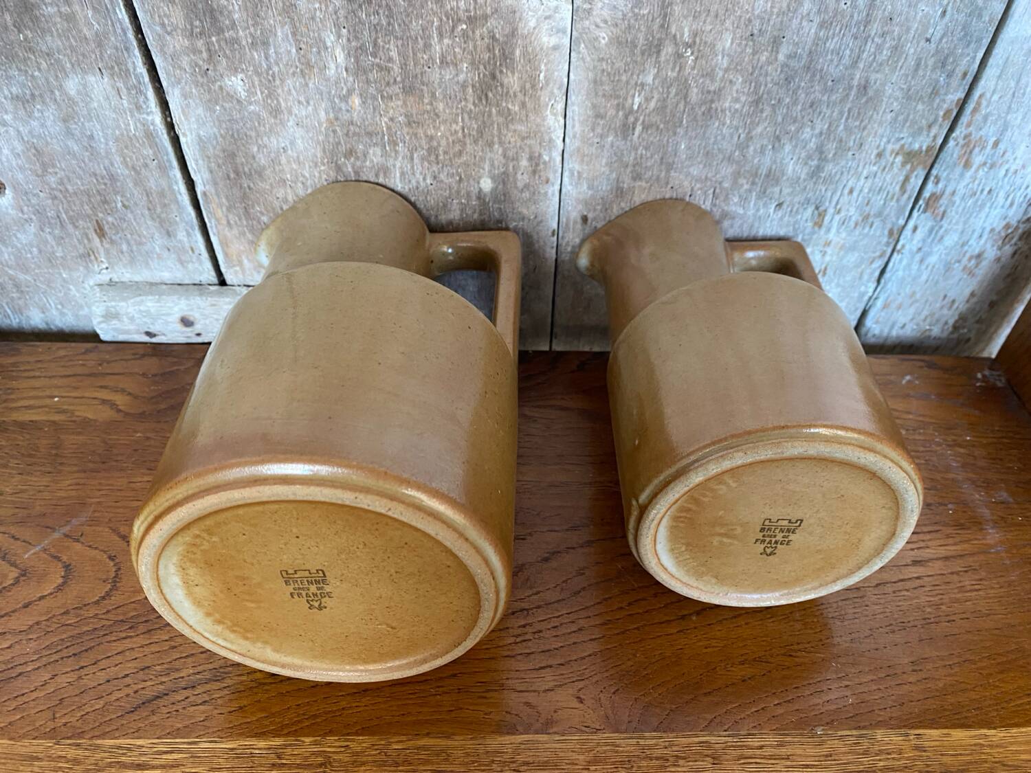 Pair of antique brenne pitchers in beige french stoneware vintage