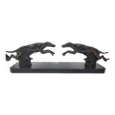Pair of bookends, greyhounds in babbitt on black marble, Art Deco early 20th century