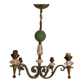 Art Deco chandelier in wrought iron, brass, and glass.