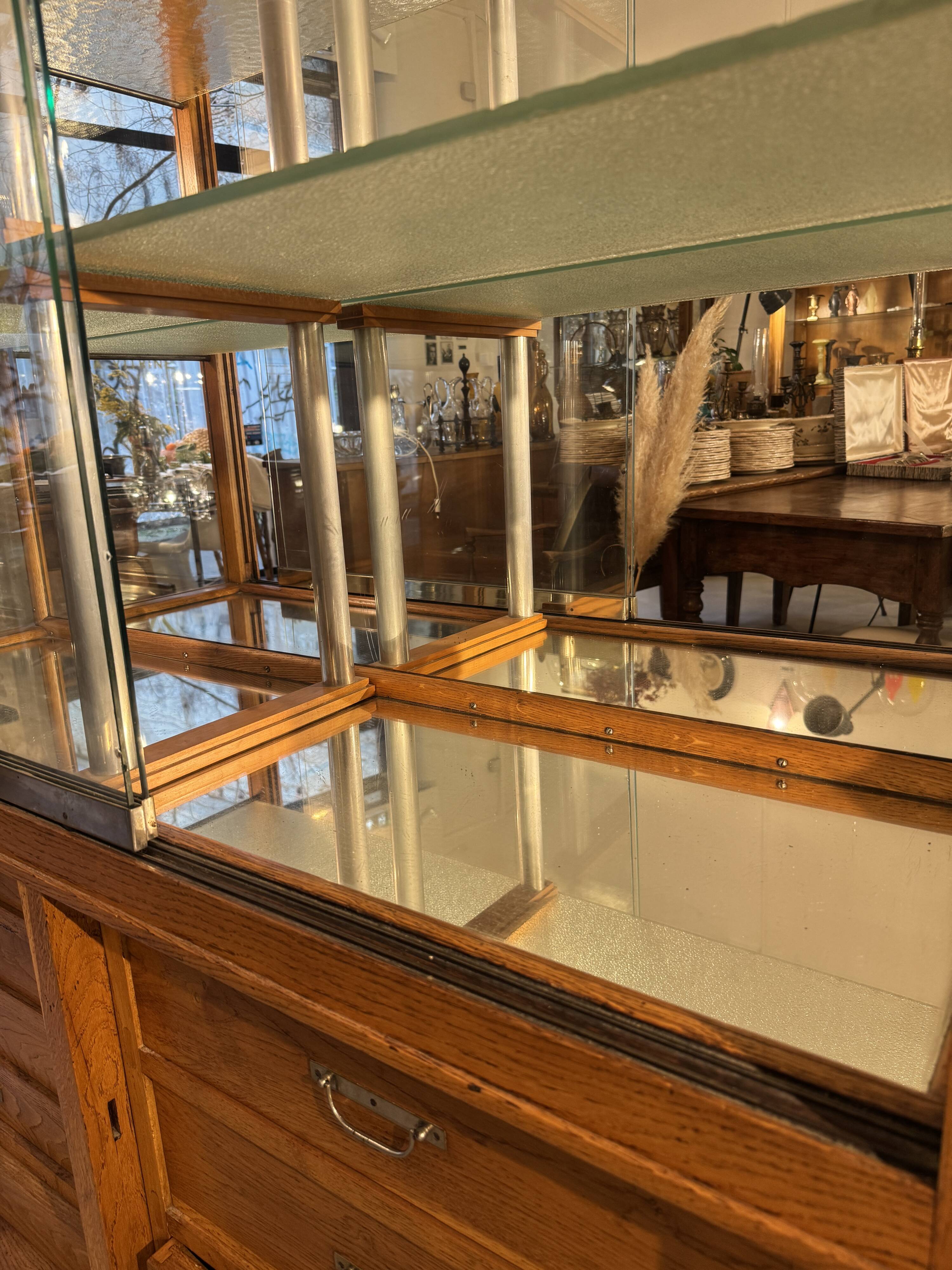 Large antique oak shop display cabinet