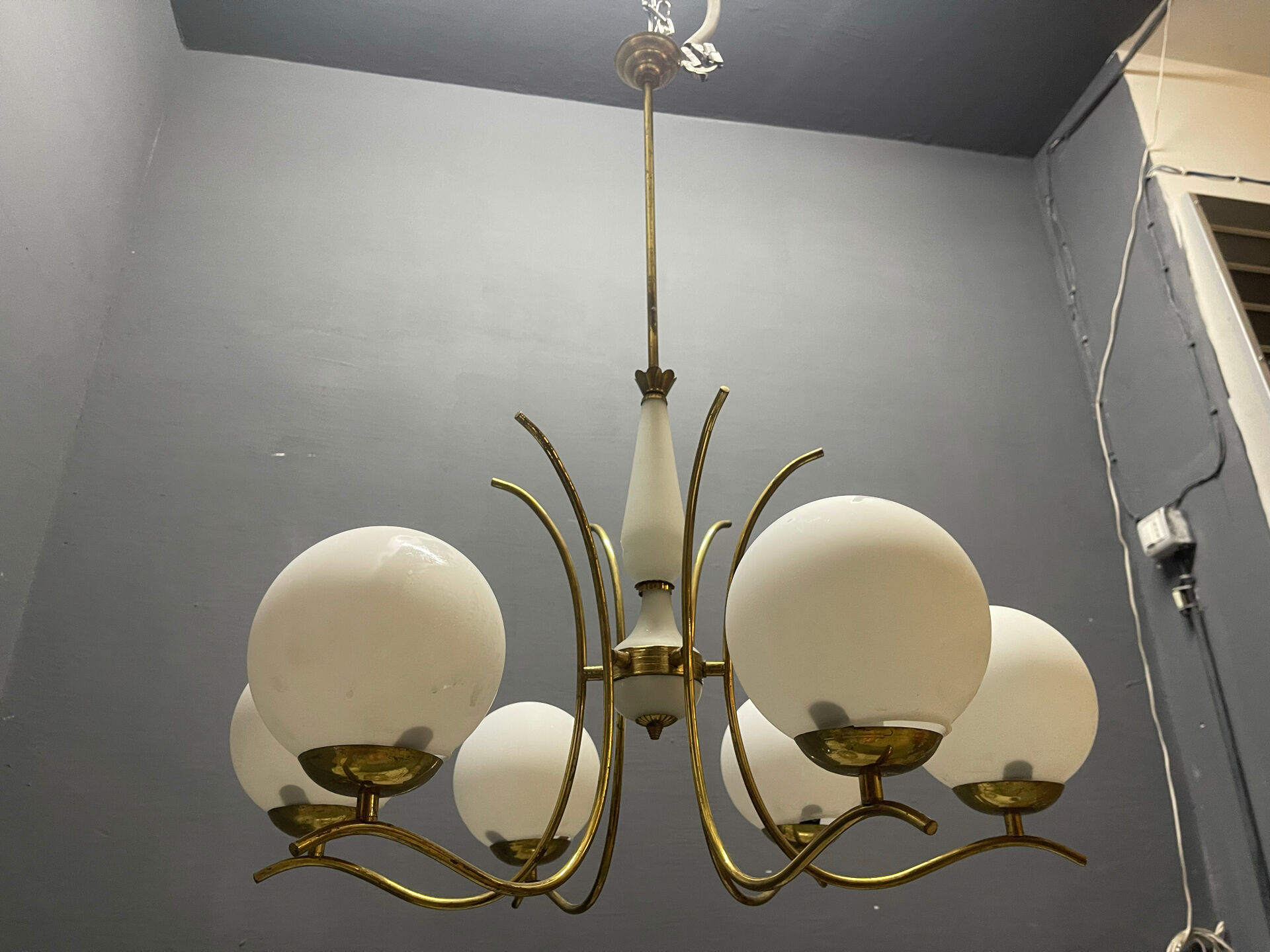 White Opaline Glass & Brass Chandelier, 1960s